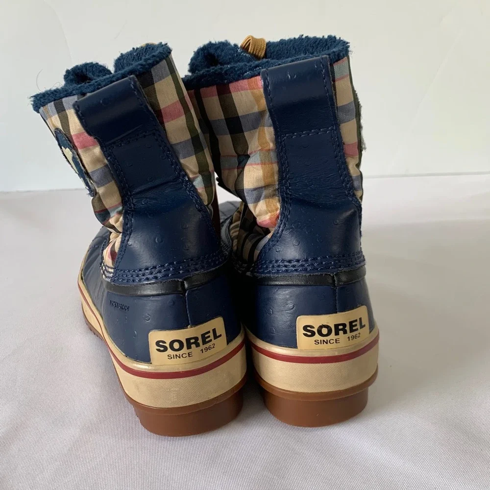 Sorel Winter Duck Boots Womens 6 Navy Blue Plaid Waterproof Insulated Gorpcore